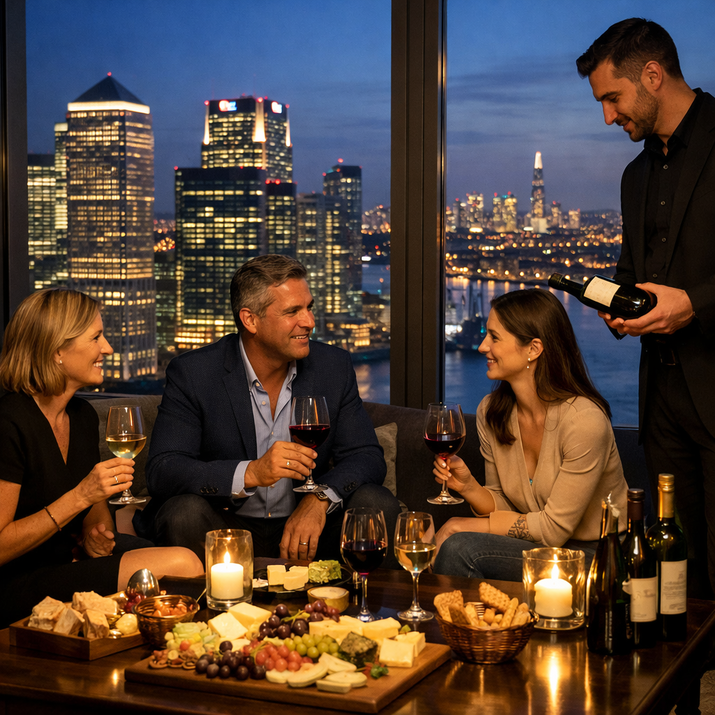 photographic Private Wine  Cheese in the SkyAn intimate wine and cheese tasting hosted in a private skylevel setting within Canary Wharf Overlooking L-1