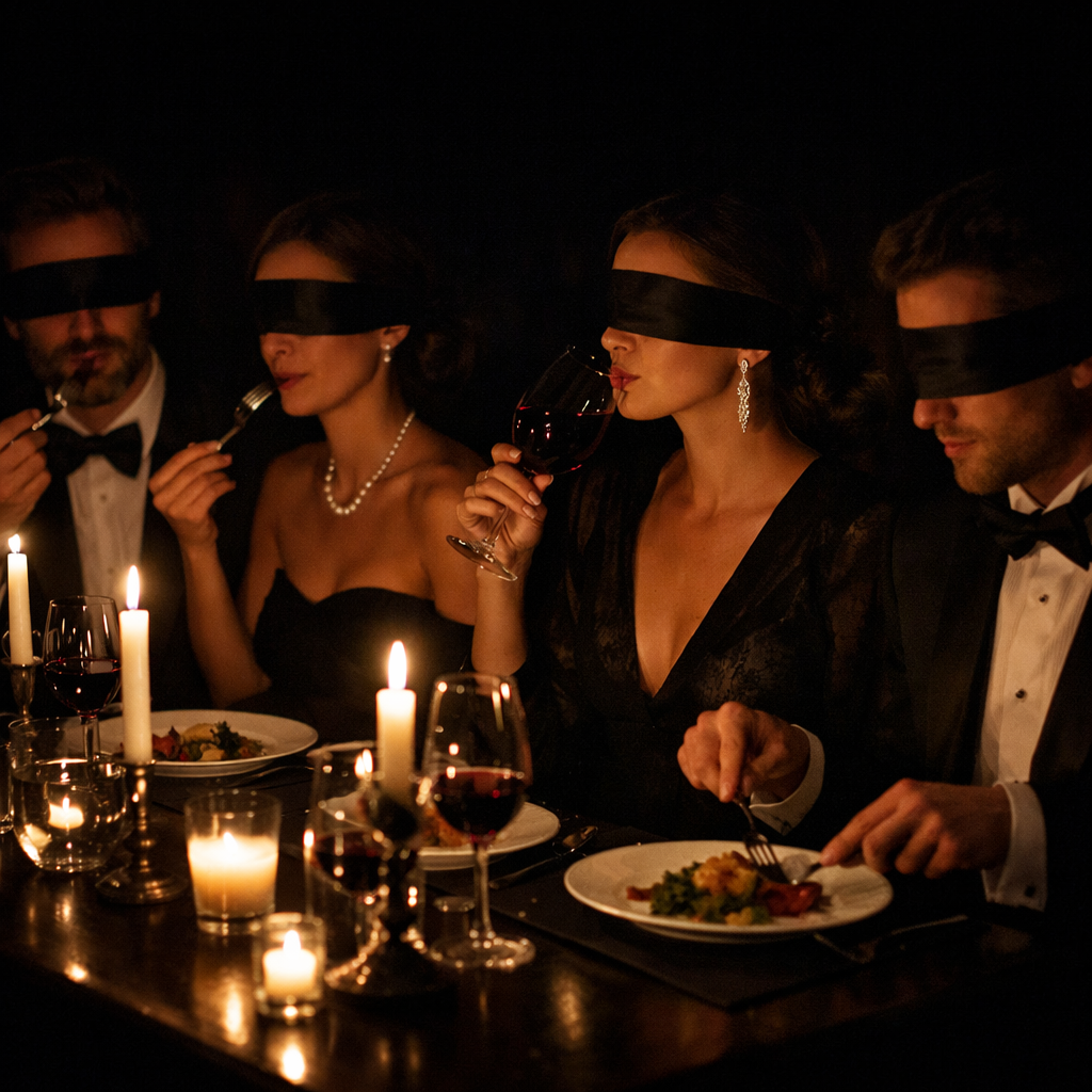 photographic people eating in darknesss with covered eyes elegant